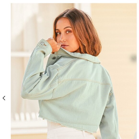 Lulu's | Palling Around Sage Green Cropped Denim Jacket L - Picture 4 of 7